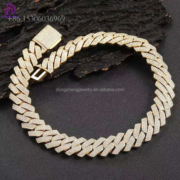 

Hip Hop Jewelry 14K Plating Gold Necklace Sterling Sier 18Mm 20Mm 3 Rows Vvs Moissanite Diamond Cuban Chain