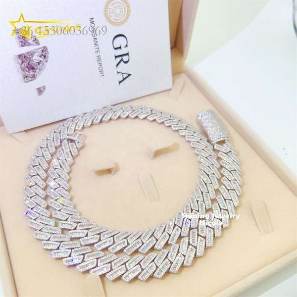 

Fine Jewelry High Quality Bling Sier 15Mm Hip Hop Miami Iced Out Vvs Moissanite Baguette Cuban Link Chain