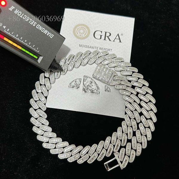 

18Mm S Sier Iced Out Fully Vvs Baguette Moissanite Cuban Link Chain Diamond Men Necklace Hiphop Jewelry