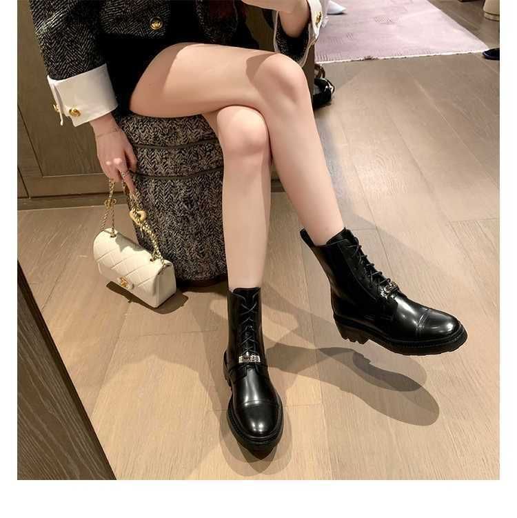 

boots dress shoes grape mom studiolee british leather small silver button round head thick bottom heel lace up martin short boots for women, Black