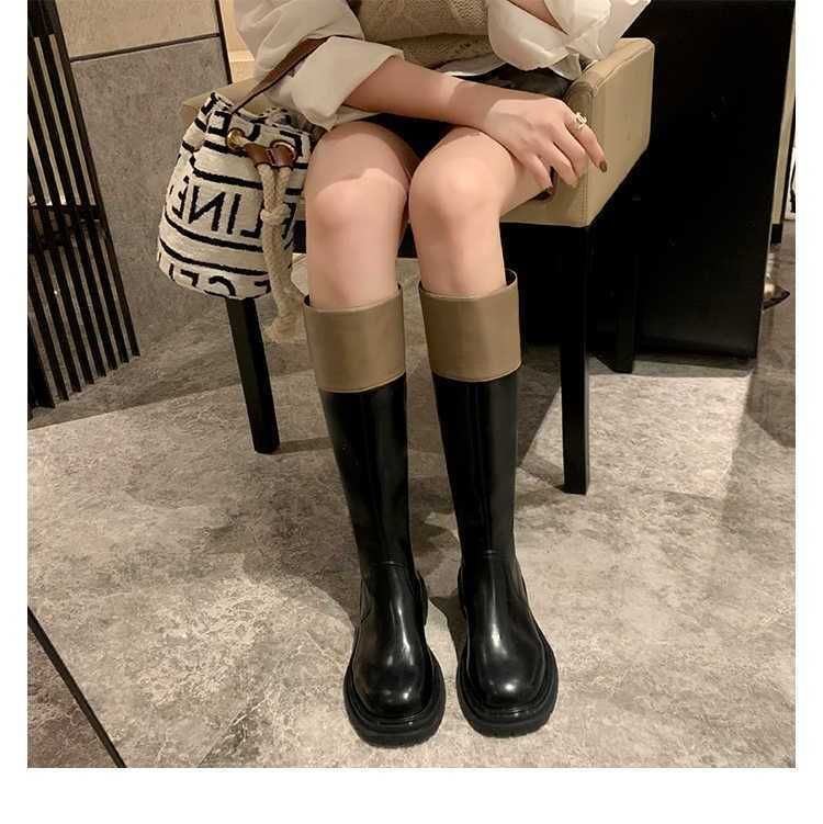 

boots dress shoes grape mama studiolee color blocking fashion round head thick bottom heel medium long tube thin cavalry boots for women in, Black