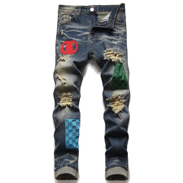 

star jeans for 2023 new fashion men designer jeans ripped with orange stars regular fit letter embroidery zipper fly black medium pencil pan, Blue