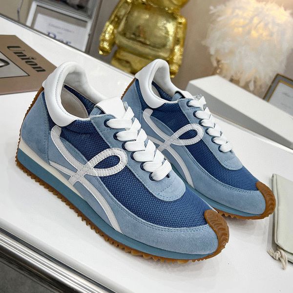 

men's and women's casual shoes flow runner nylon and suede lace up sneakers, soft upper and honey rubber wave sole cowhide sneaker