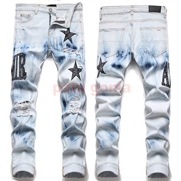 

mens designer jeans fashion european america style jean hombre letter star embroidery pants patchwork ripped for motorcycle pant skinny 1 wj, Blue