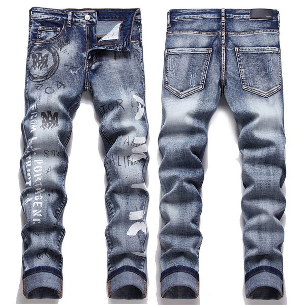 

jeans men's designer pants white black rock revival motorcycle perforated embroidered hip hop letter 4p95, Blue