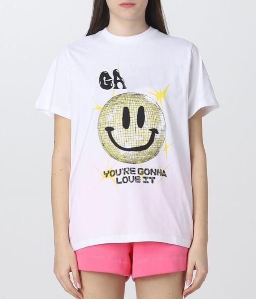 

23ss new ganni women quality t shirt beach tees versatile smiling face print round neck casual loose pullover short sleeve t-shirt clothing, White