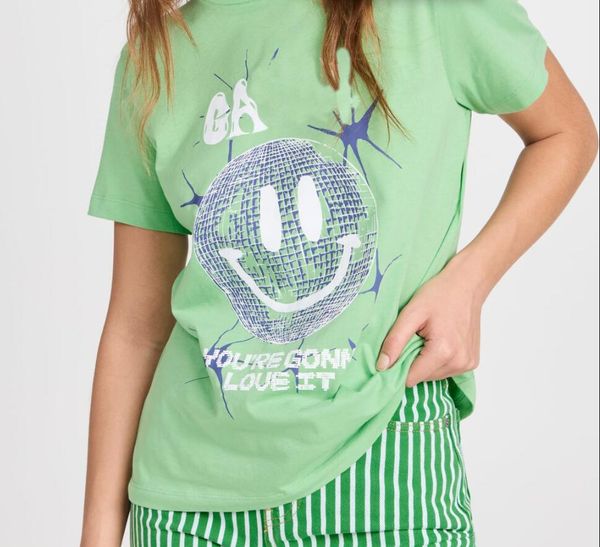 

23ss new ganni women quality t shirt beach tees versatile smiling face print round neck casual loose pullover short sleeve t-shirt clothing, White