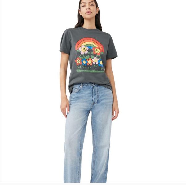 

23ss new ganni women quality t shirt beach tees versatile smiling face print round neck casual loose pullover short sleeve t-shirt clothing, White