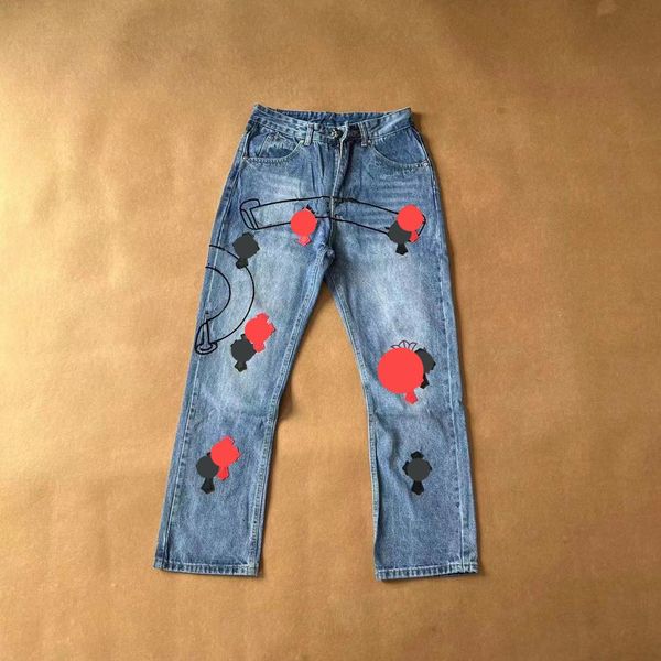 

2023 mens jeans designer make old washed chrome straight trousers heart letter prints for women men casual long style 0u3y, Blue