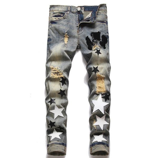 

mens designer jeans fashion european america style jean hombre letter star embroidery pants patchwork ripped for motorcycle pant skinny 3 gs, Blue
