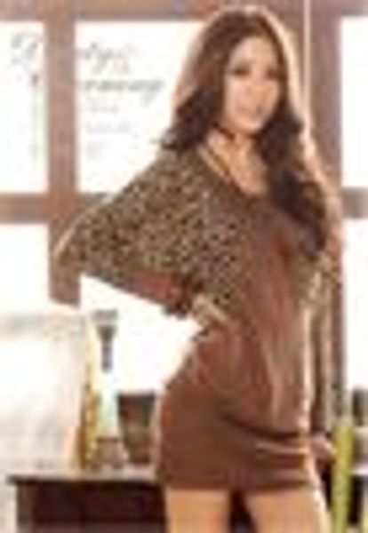 

Shipping Hot Womens Cotton Dress Leopard Bat-wing Long Sleeve Patchwork Long Tops Mini Dress Black/Khaki