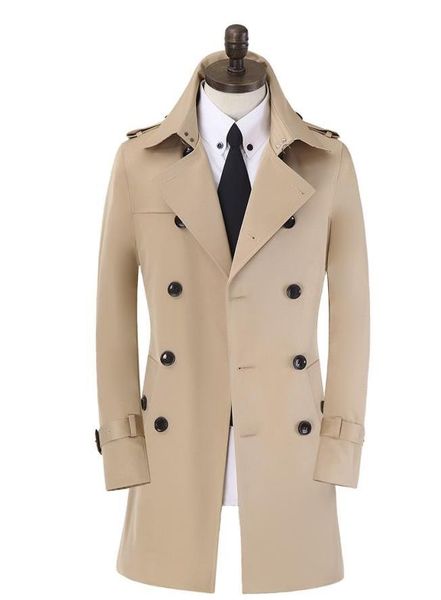 

khaki black beige double breasted mens trench coats man long coat men clothes slim fit cotton overcoat plus vflc, Tan;black