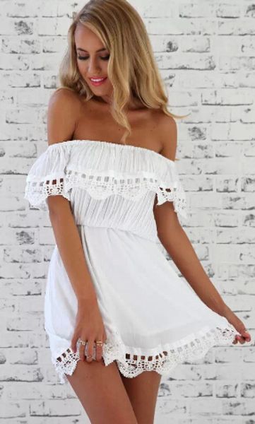 

lace fashion women elegant vintage sweet white dress stylish slash neck casual slim beach summer sundress vestidos 5vmt, Black;gray