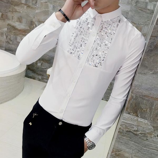 

fashion sequin slim fit mens lace shirt long sleeve men dress shirts casual designer clothes black white dkiw, White;black