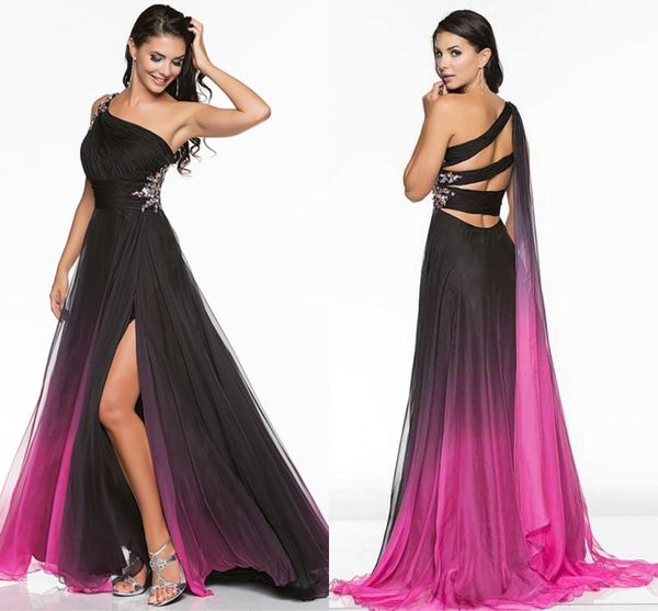 

Gradient Ombre Prom Dresses Side Split Evening Formal Gown One-Shoulder Party Dress Crystal Waist 2019 Modern Women Pageant Gowns