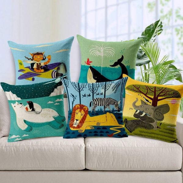 

linen pillow cushion cover cat elephant lion dolphins polar bear pillow case cartoon animal print pillowcase 45cm*45cm