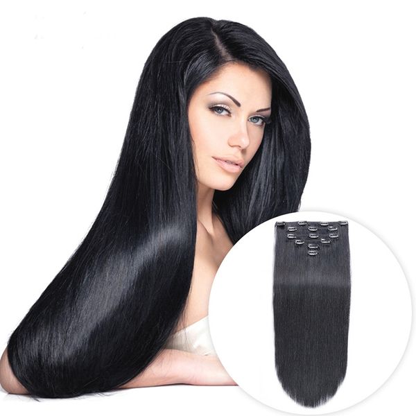 1 Jet Black Clip In Human Hair Extensions 100g Straight Remy Clip