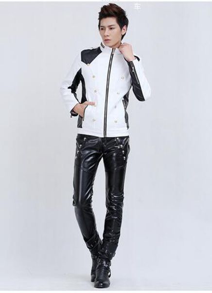 

men's fashion trend in new han edition cultivate one's morality spring rivet foot nightclub black leather pants. xs-5xl