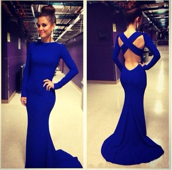 

royal blue evening dresses with long sleeve cross backless mermaid elegant satin evening gowns formal dresses