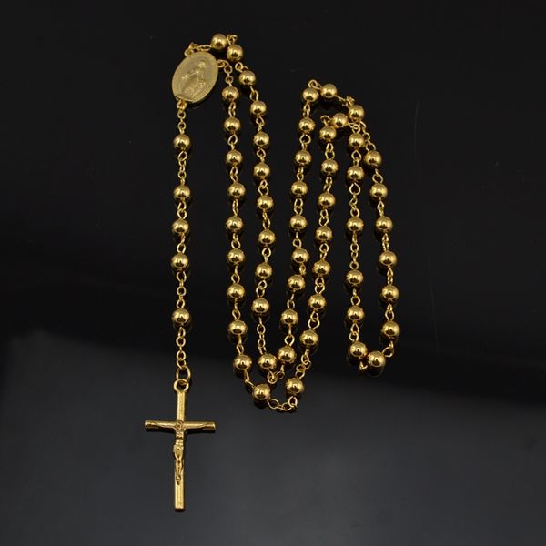 

wholesale-new catholic cross pendant goddess 18k gold plated trendy long rosary necklace cr027 for mens&women 6mm beads fashion, Silver