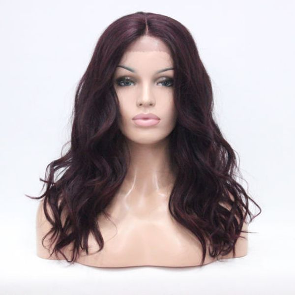 kostenloser Versand schöne Mode Hivision Lace Front Perücke Qualität Hitze ok synthetische Off Black Mix Deep Purple gewellte lange Perücke