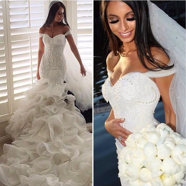 

off shoulder wedding dresses mermaid tiered ruffles bridal dress back zipper beach princess modern wedding gowns cheap, White