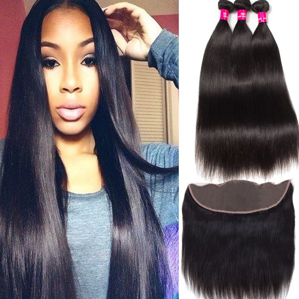 

brazilian straight human hair 3 bundles extension with 13*4 ear to ear lace frontal closure hair 100% unprocessed brazilian peruvian hair, Black;brown