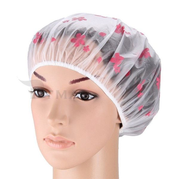 

wholesale- price women ladies clear pink flower elastic waterproof pastoral style bath bathing spa hair shampoo shower cap hat