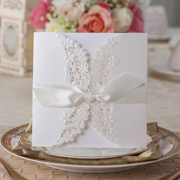 

wholesale- new laser-cut and lace wedding invitations with ribbon white invitation card printable and customizable wholesale