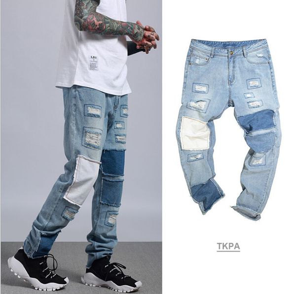 

vintage men jeans straight patched long trouser wide leg fashion denim blue jeans spring autumn summer pants