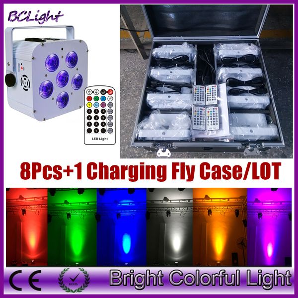 

(8 шт. +1 fly case /лот) инфракрасный пульт дистанционного управления RGBAW UV LED свадьба uplight батареи высокой мощности DMX par 6x18W (белый корпус)