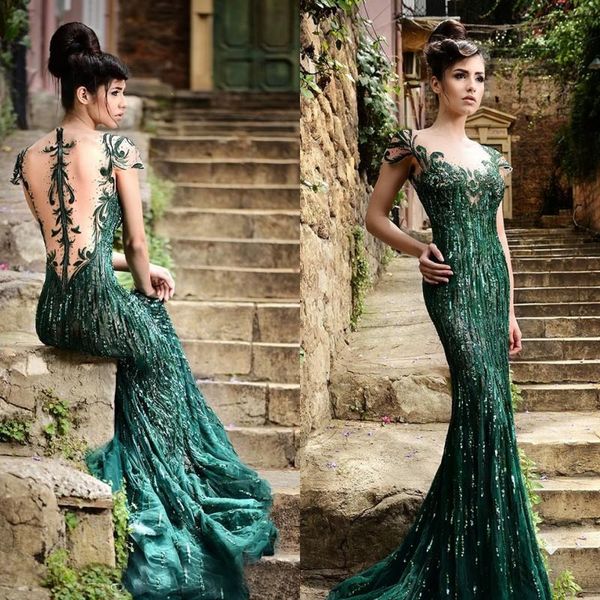 Sparkly Rami Salamoun Vestidos Escuro Verde Prom Vestido Sereia Cap Mangas Sheer Voltar Longos Vestidos Formais De Cristal Frisado Desgaste da Noite Primavera