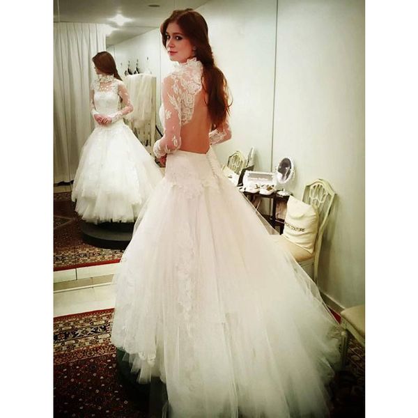 

elegant a-line wedding dresses high neck long sleeve appliques lace with tiered skirts backless long bridal dress vestido de novia, White