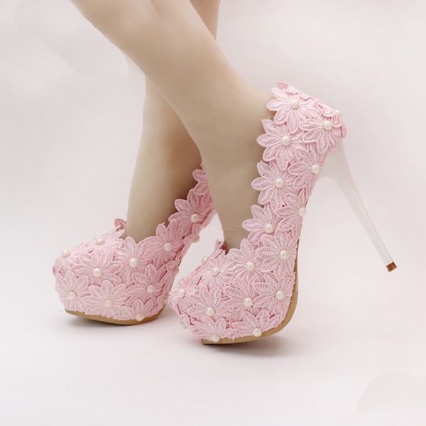 Bellissime scarpe da sposa con fiori in pizzo rosa punta tonda scarpe eleganti da donna scarpe eleganti con tacco alto scarpe da damigella d'onore scarpe da ballo