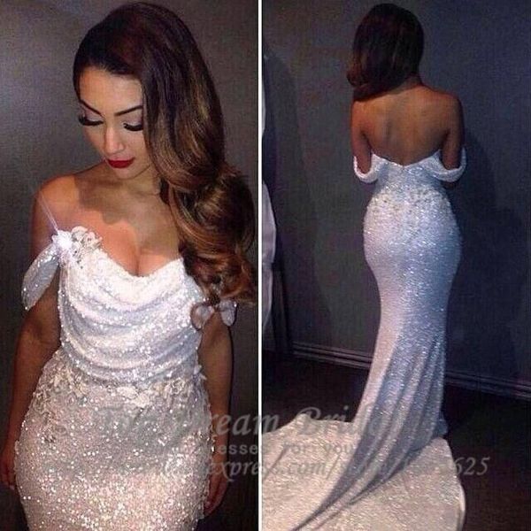 

off shoulder sequins prom dresses 2016 backless mermaid sweep train evening dresses party gowns arabic vestidos robe custom made gowns, Black