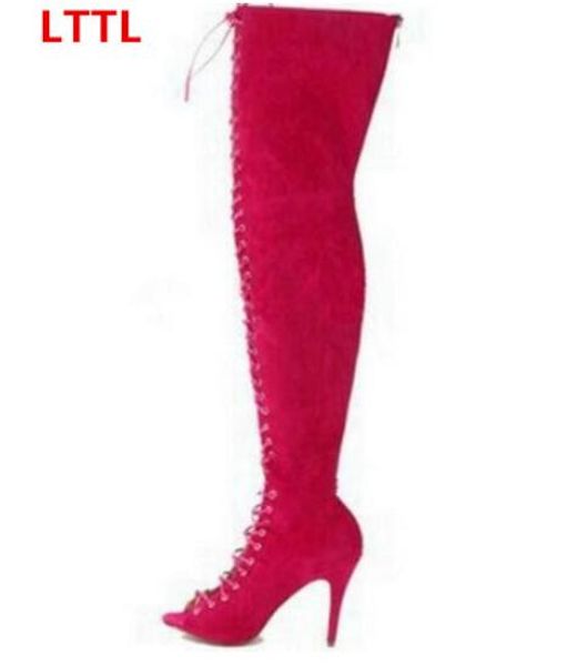 2017 Seksi Yüksek Topuklar Gladyatör Ayakkabı Kadın Peep Toe Lace Up Uyluk Yüksek Çizmeler Cut Outs Feminina Bota Diz Üzerinde Sandalet ...