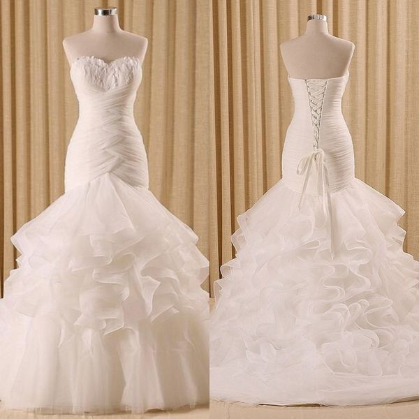 

gorgeous feather mermaid wedding dress sweetheart sleeveless ruched pleated ruffles corset back trumpet bridal gowns with train, White