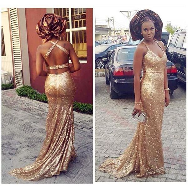 Lantejoulas Gold Nigerian Evening Party Vestidos Aso Ebi Estilos Africano Dama de Hama Dria Sexy Backless Vestido Longo Bella Naija Vestidos de baile