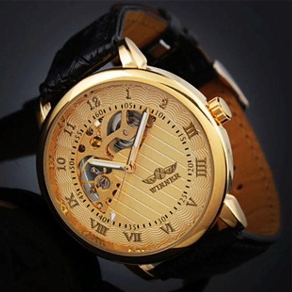 

wind skeleton casual lujo hombre gold watch men wristwatch de hand marca mechanical watches leather relojes strap winner qxqit, Slivery;brown