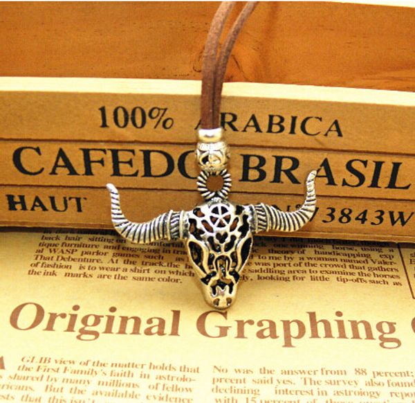

hollow cow tauren cattle ox skull pendant necklaces long sweater chain tibetan silver leather cord vintage jewelry new 10pcs