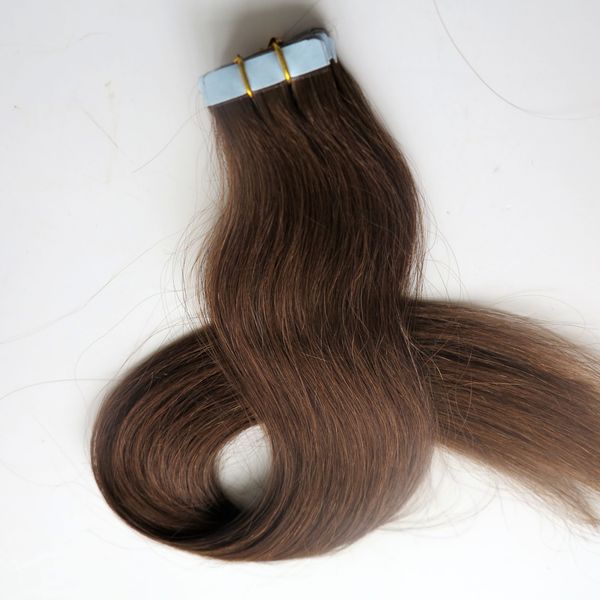 Top Qualidade 50g 20 pcs fita em extensões de Cabelo Cola Trama Da Pele brasileira Indiano cabelo humano 18 20 22 24 polegadas # 4 / Marrom Escuro