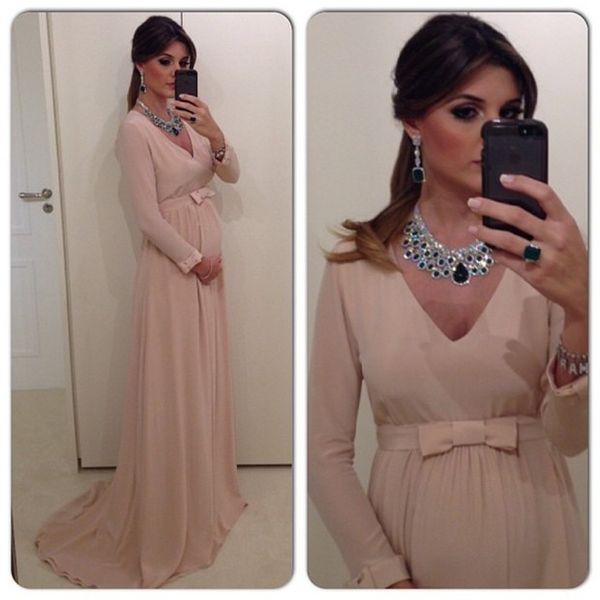 Vestidos de noite pregant de alta qualidade 2016 manga comprida v pescoço maternidade dubai kaftan elegante mulheres senhora vestido formal vestido de festa longo