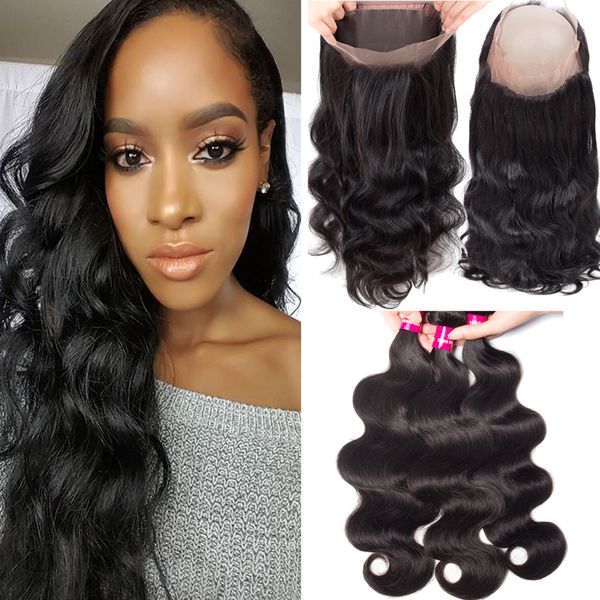 

brazilian hair body wave & straight remy human hair extensions 3 bundles with 360 lace frontal closure 100% brazilian peruvian indian hair, Black;brown