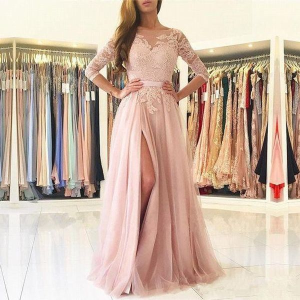 

sheer pink lace prom dresses selling new scoop neckline front high split 3/4 long sleeve a-line tulle evening party gowns p200, Black