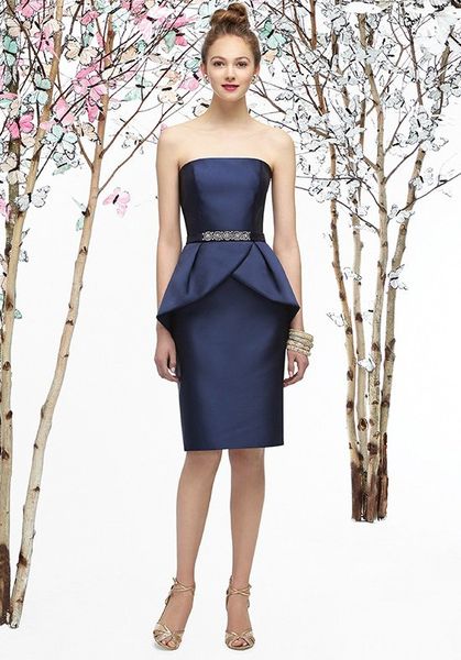 

2016 new simple pupolar ping new peplum bridesmaid dresses strapless sheath knee-length beaded satin dresses 501, White;pink