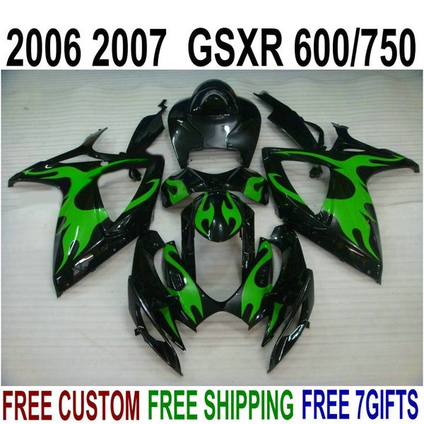 

bodywork fairings set for suzuki gsxr600 gsxr750 2006 2007 k6 green flames in black abs fairing kit gsx-r600/750 06 07 z83b