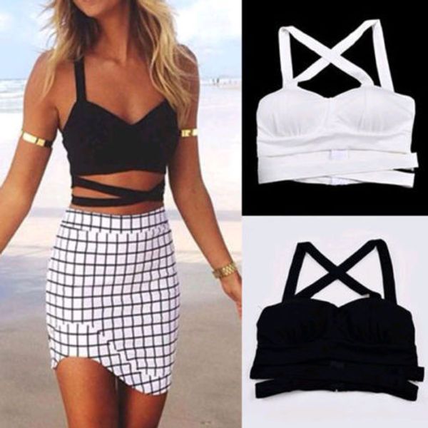 

wholesale-2015 fashion women boho cut-out cage bustier bralet crop bra croset blouse cami tank, White
