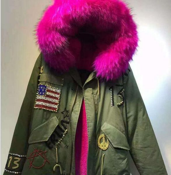 

meifeng brand usa flag beading rose fur trim italy rabbit fur lining army green mini parka furs cold snow jackets rivet with raccoon fur, Black
