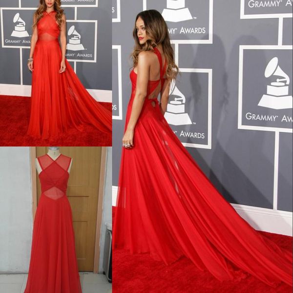 

formal inspired by rihanna prom gowns grammy awards red carpet celebrity dresses a line sheer crisscross chiffon red color evening dresses, Black