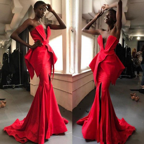 

red satin mermaid evening gowns south african strapless peplum prom dresses sweep train formal party vestidos custom made, Black